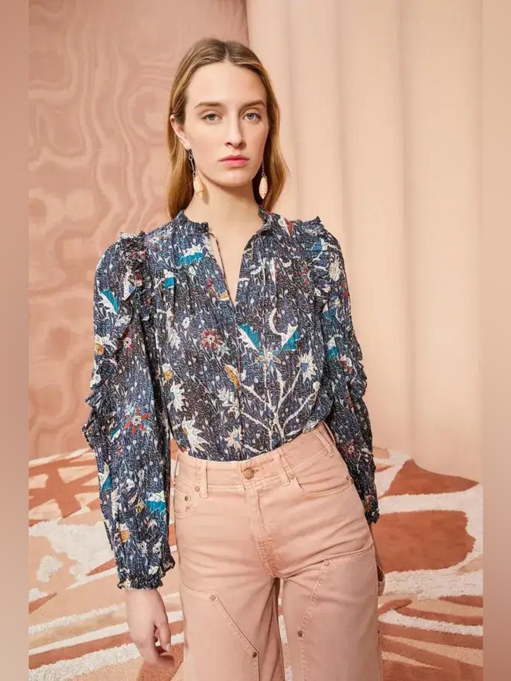 NWOT ULLA JOHNSON Manet Split-Neck Printed Puff-Sleeve Blouse in Jet
Size 6